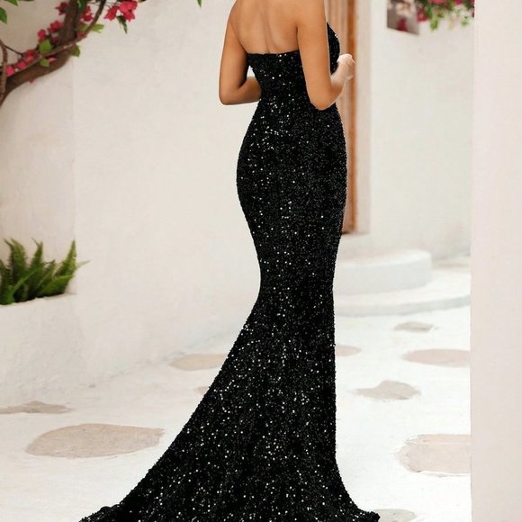 Black Preppy Womens Split Thigh Sequin Tube Formal Dress - Picture 2 of 5